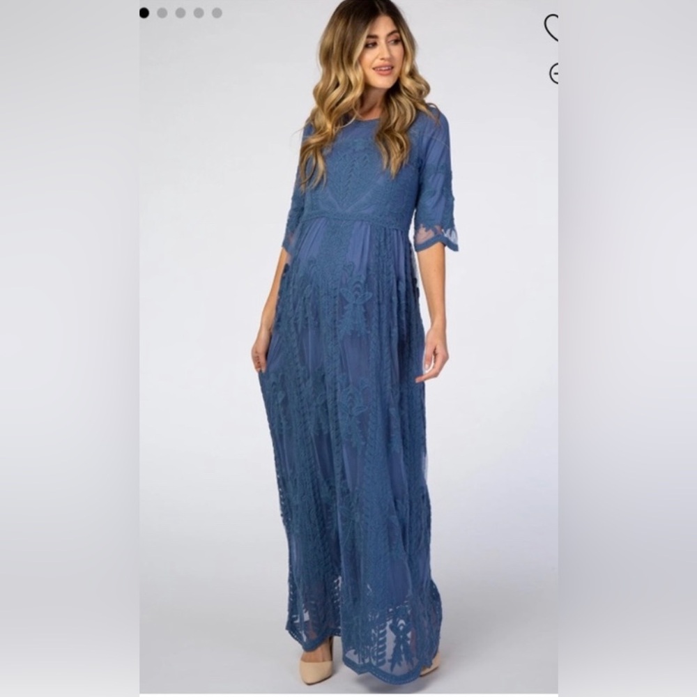 PinkBlush Blue Crochet Overlay Maternity Maxi Dress Size M/L